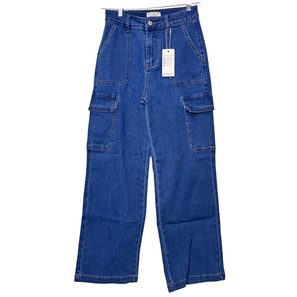 Ettelo Womens High Rise Cargo Wide Leg Jeans Blue Size 6 S22324